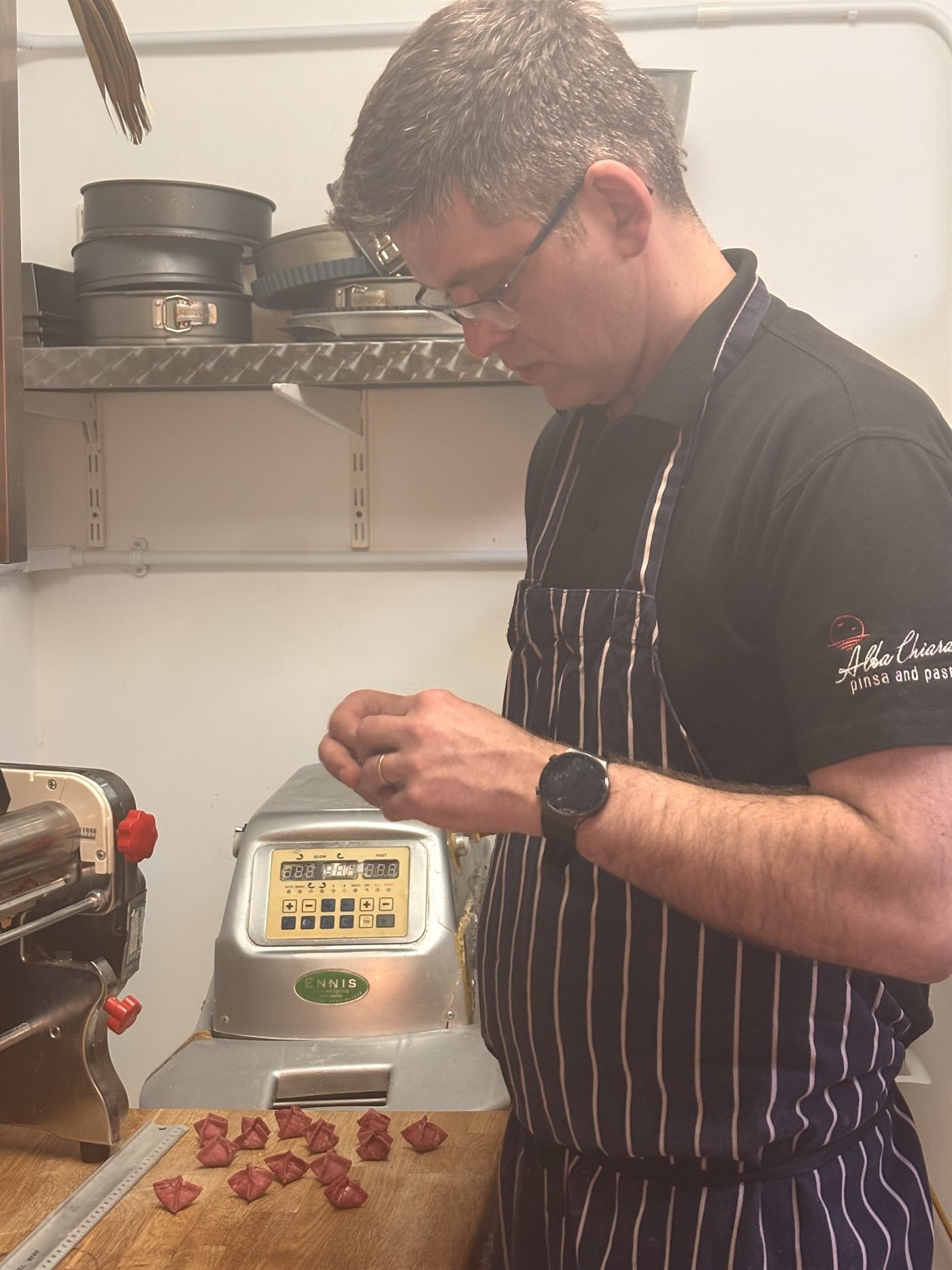 Hand-folding fresh ravioli in the Alba Chiara kitchen
