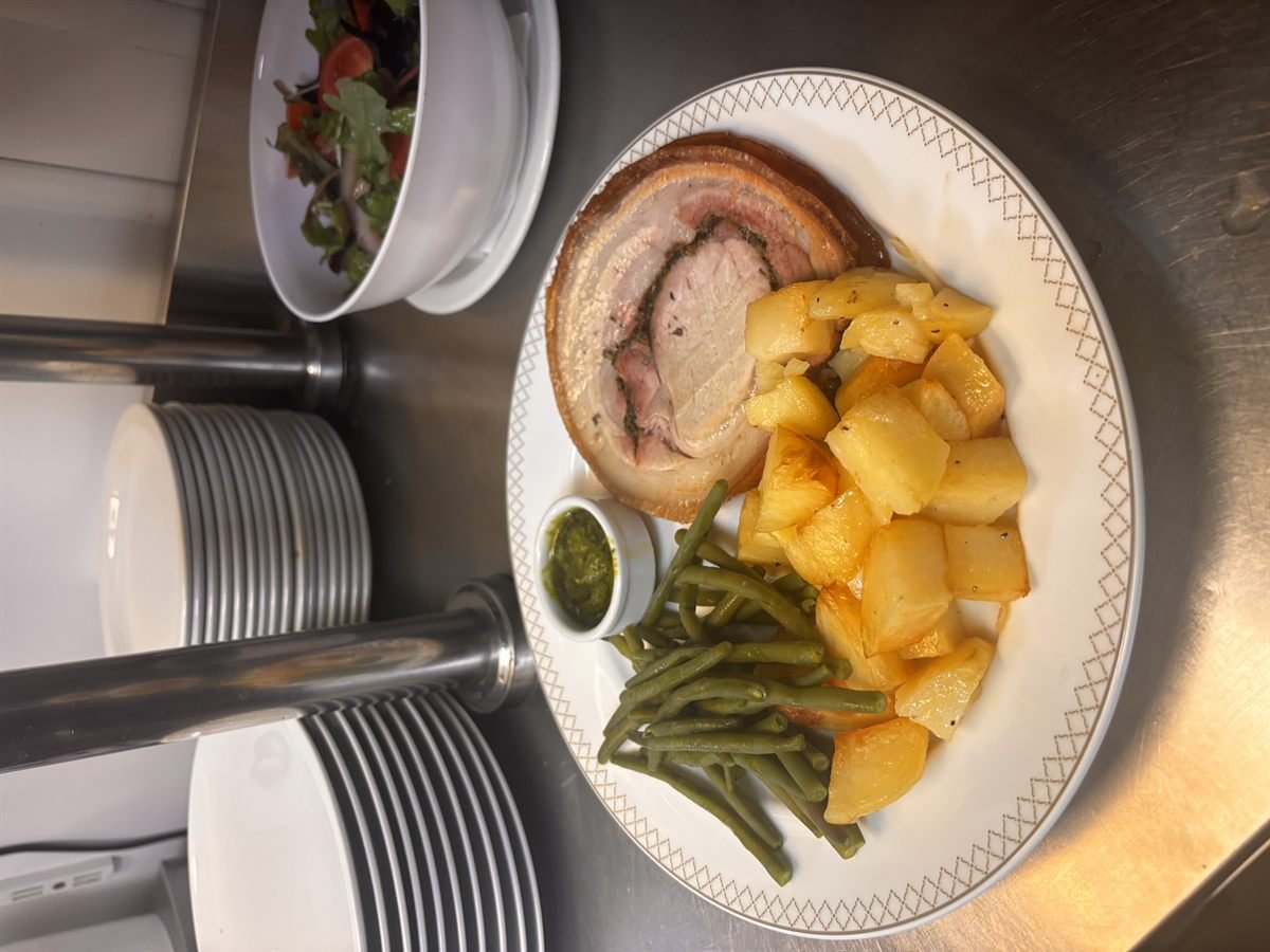 Slow-roast porchetta with roast potatoes